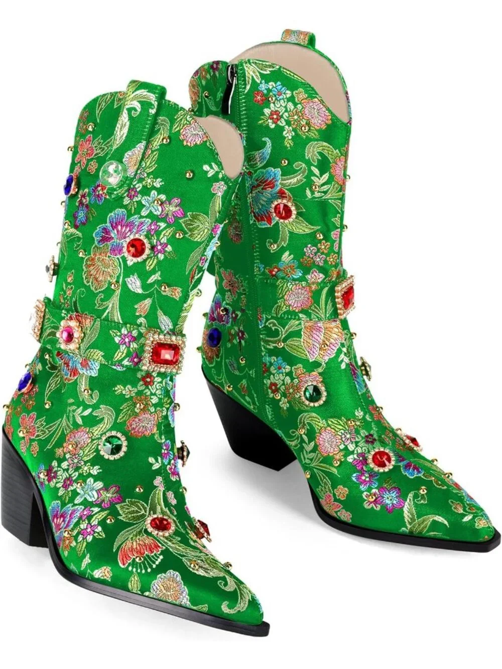 Women's Green Western Floral Embroidery Rhinestone Sparkly Cowgirl Mid Calf Boot